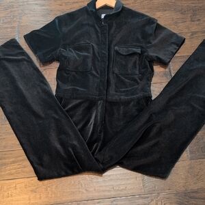 Rivet Utility Jumpsuit Black Soft Corduroy Short Sleeve - Size XL